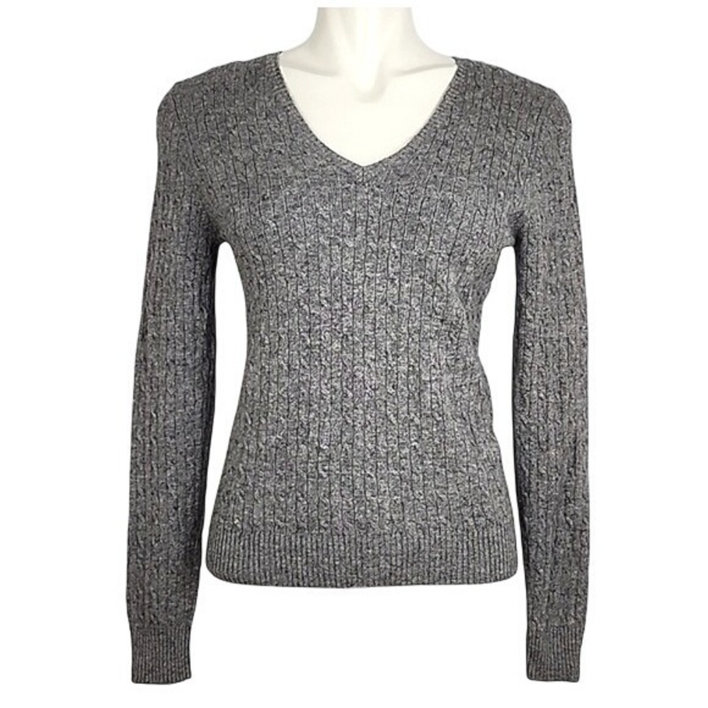 Pure Cashmere Women's Grey 100% Pure Cashmere Cable Knit V-Neck Sweater Medium